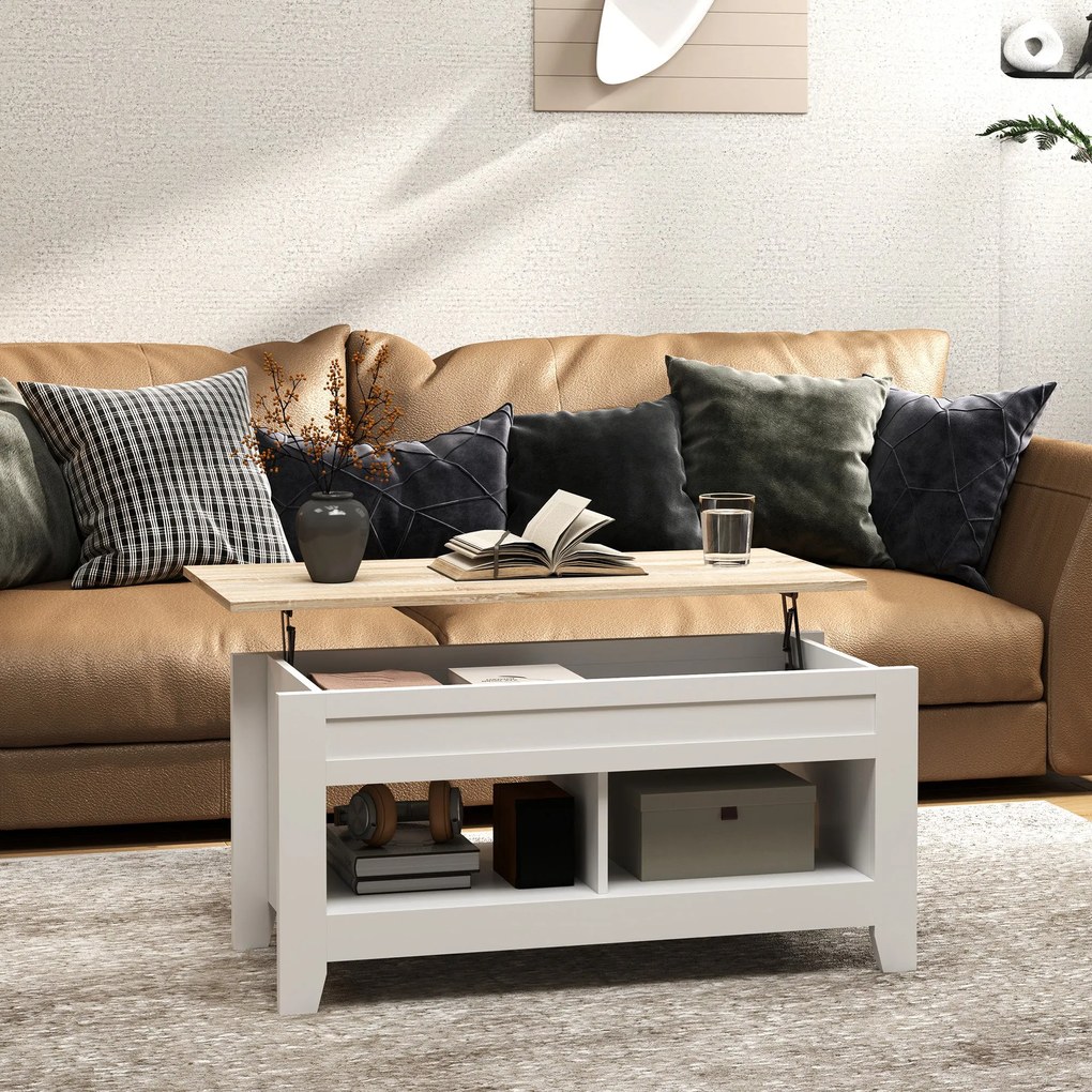 HOMCOM Emelhető Fedeles Kávézóasztal 105x50x49 cm Fehér és Natúr | Aosom