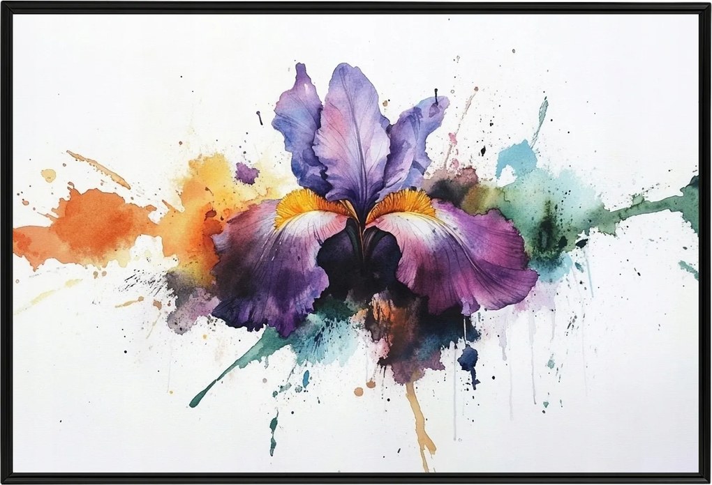 Poszter Alumínium Keret Akvarell Természet Virág Lila Írisz Splash 60x40