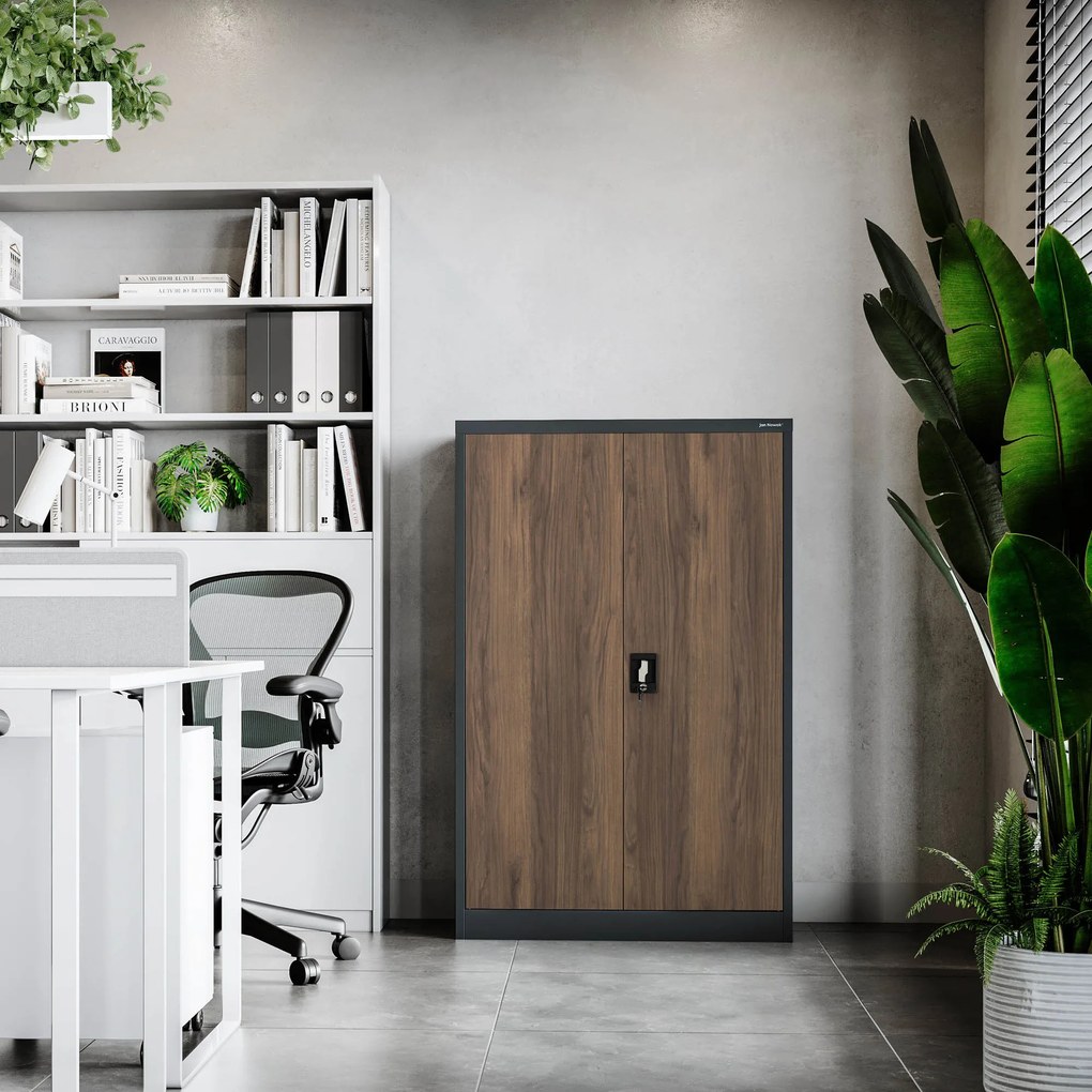 Alacsony fém irodai szekrény 3 polccal, antracit/dió, 900x1400x400 mm: KEVIN Eco Design