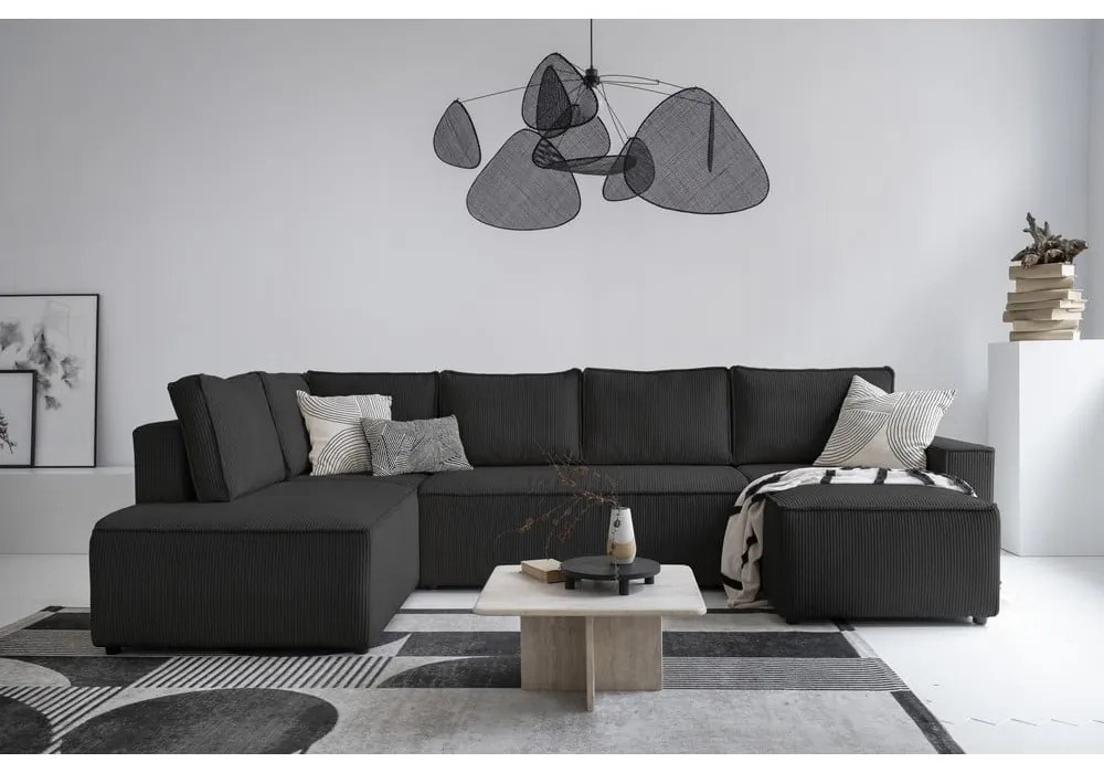 Antracitszürke kordbársony kinyitható sarokkanapé (bal oldali-U alakú) Brave Dave – Miuform