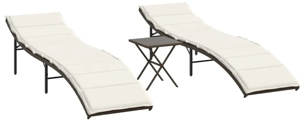 2 db barna polyrattan napozóágy asztallal
