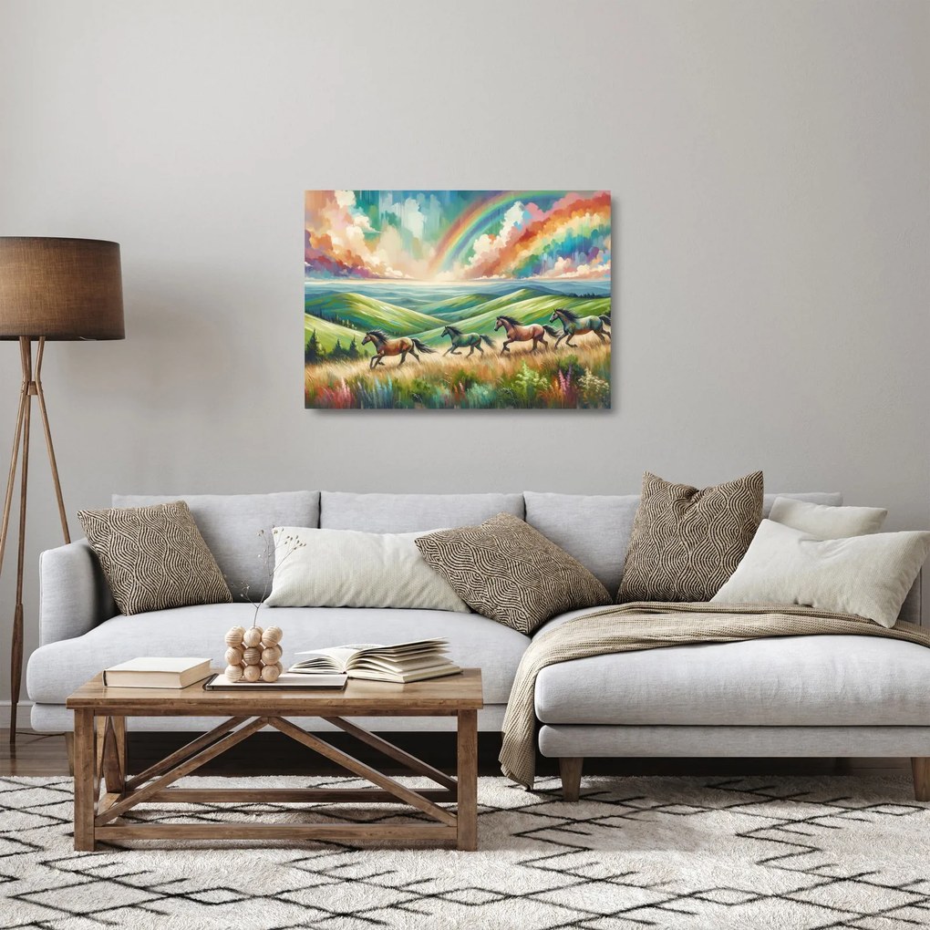 Üveg kép – Vágtázó lovak a tájban (70x50 cm)