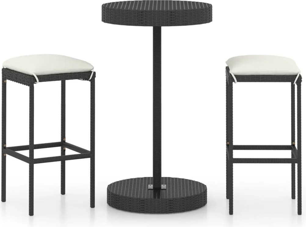 vidaXL 3 részes fekete polyrattan kültéri bárszett párnákkal
