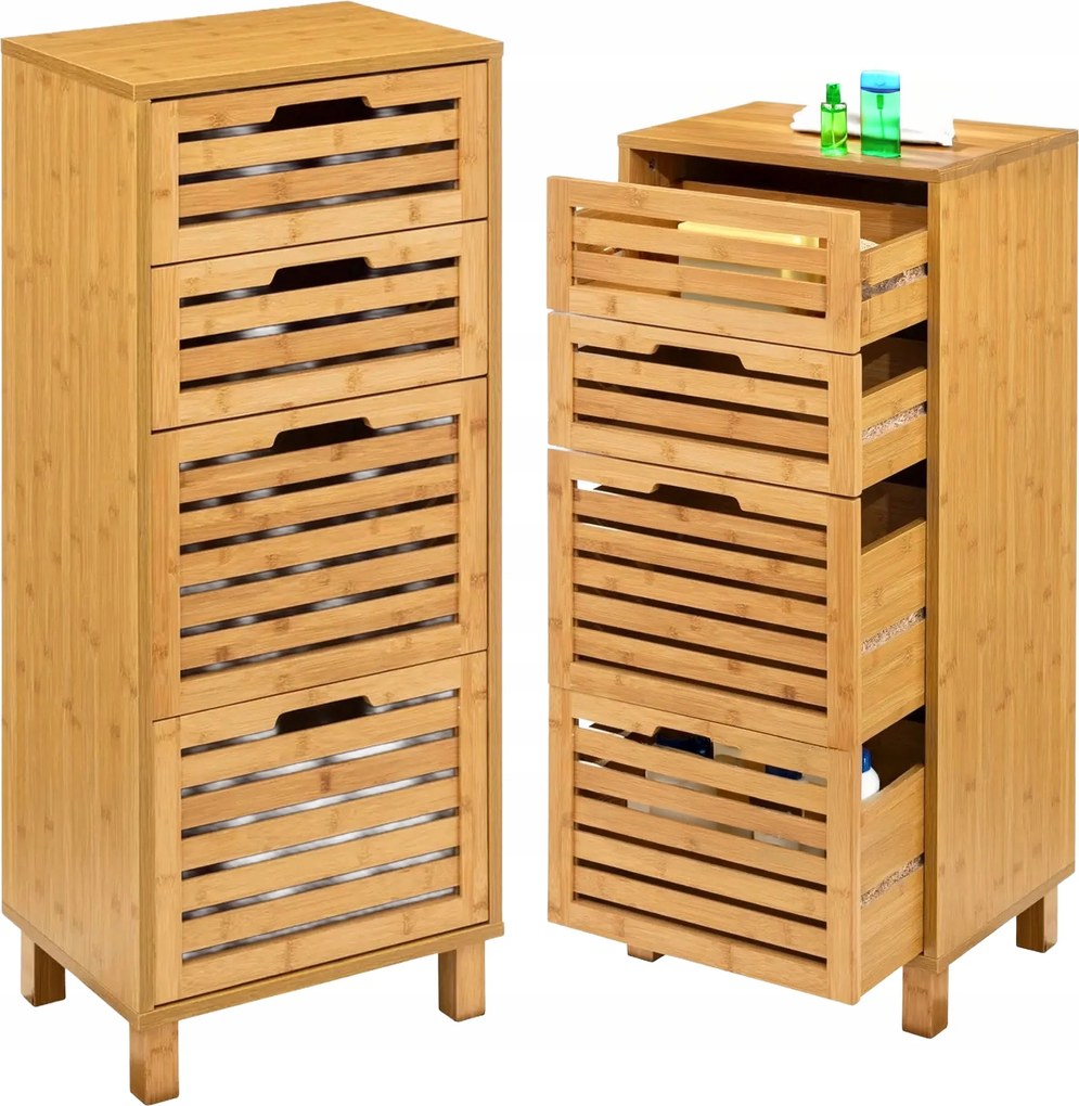 Fürdőszobaszekrény Magas Fiókokkal Fürdőszoba Oszlop Bambusz 97 cm