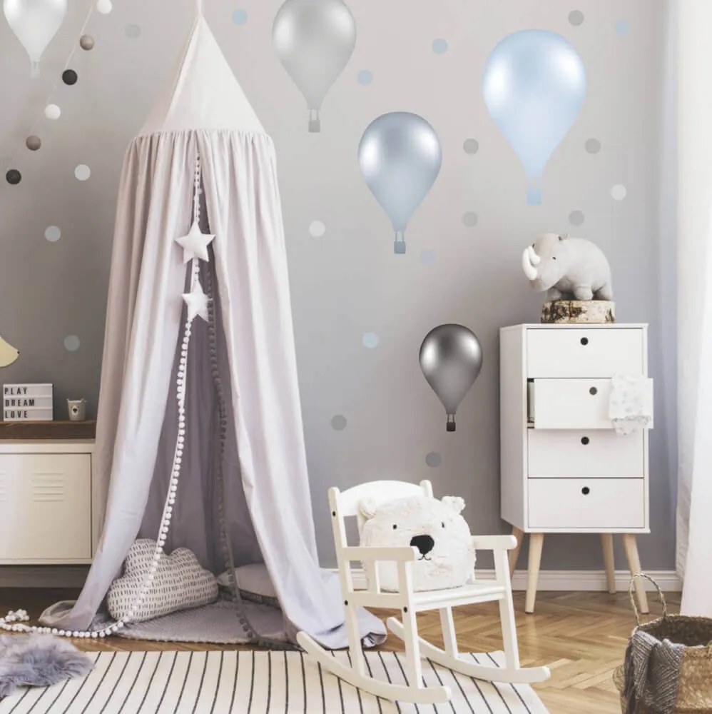 INSPIO Falmatrica gyerekszobába - Kék, szürke hőlégballonok