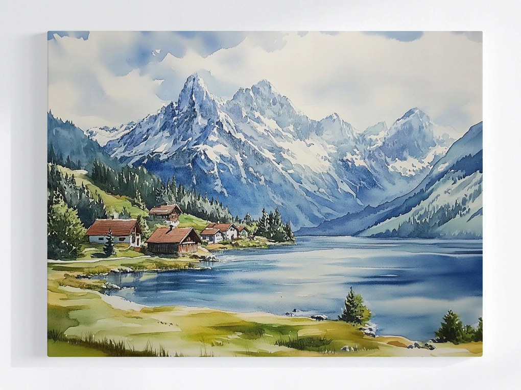 Vászonkép Canvas Tájkép Hegyek Csúcsok Alpok Tó Házak Falu 100x75