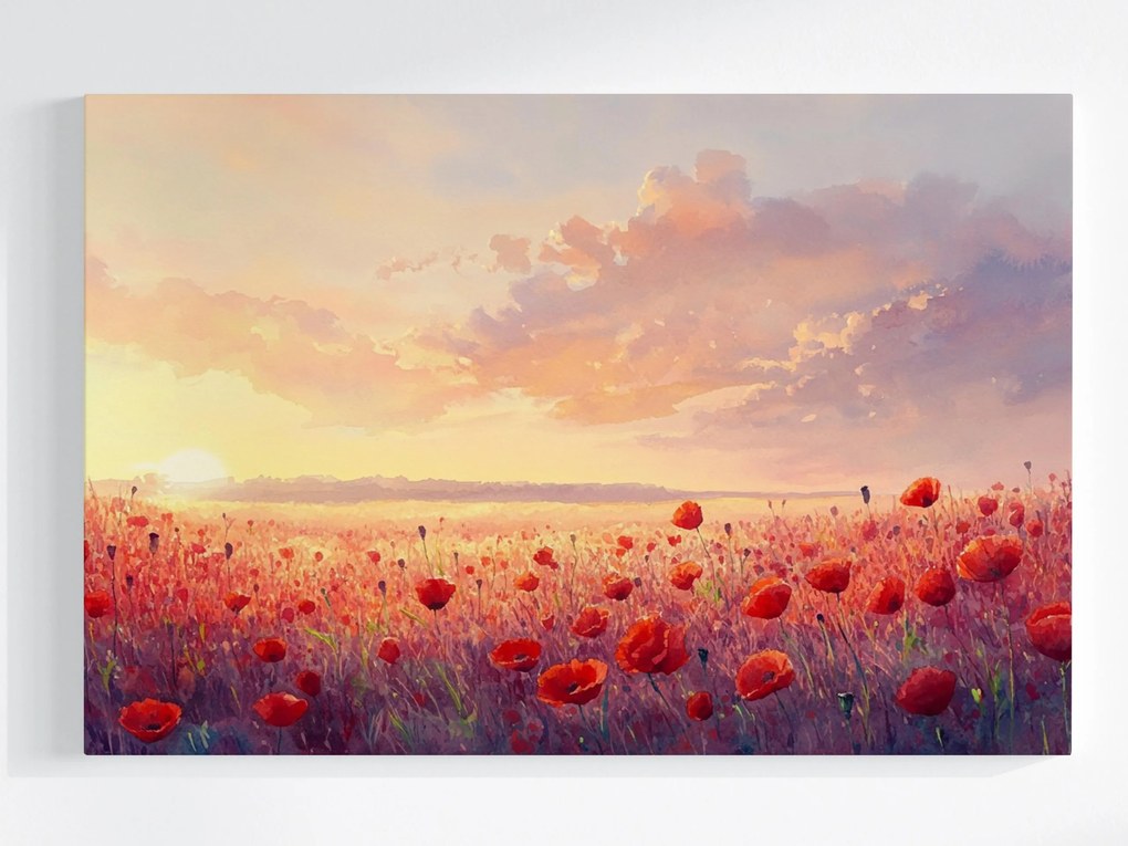 Vászonkép Canvas Akvarell Tájkép Mező Rét Virágok Pipacsok Nap 120x80