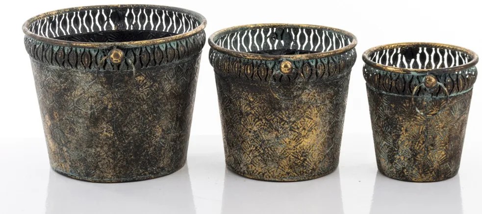 Kaspó 3 db-os szett, sötét arany fém, patinás 22x30.5x27.5 20x25x22 18x20x17cm