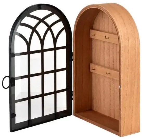 Fa fali kulcstartó szekrény fekete rácsos ajtóval - íves 30x6,5x19 cm