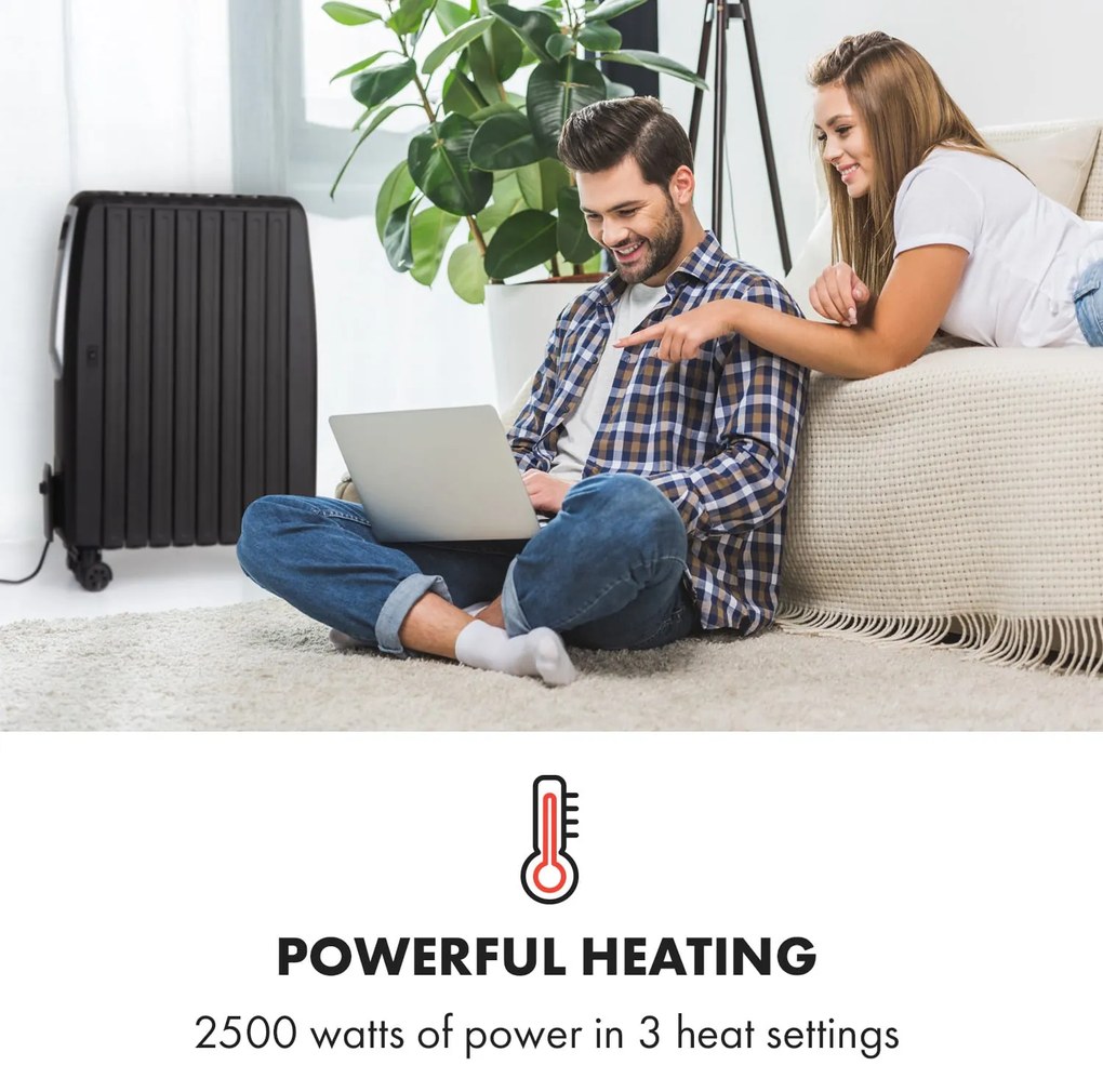 Klarstein Thermaxx Noir, olajradiátor, 2500 W, 10 - 30 °C, 24-órás időzítő, távirányító, fekete