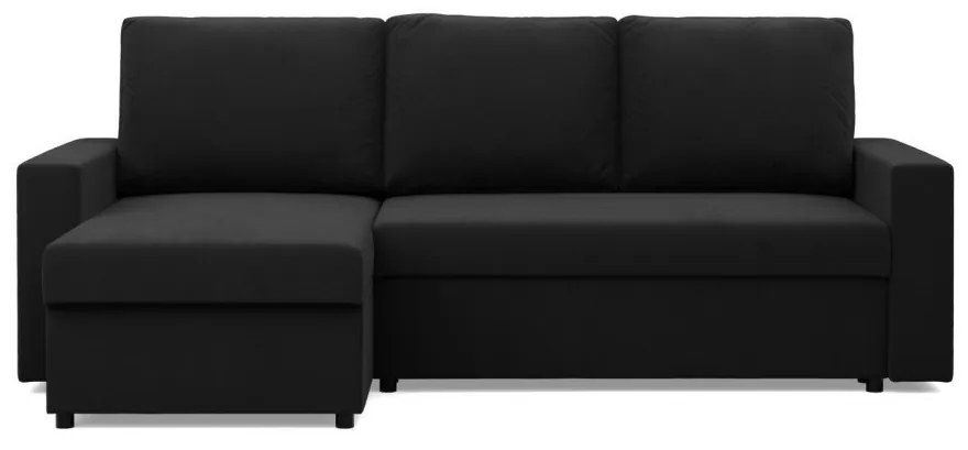 Zeus sarokkanapé, 2 ágyneműtartóval, egyenes kartámasz, szövet anyag, univerzális oldal, hab töltet, fekete