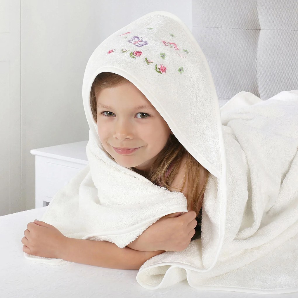 Goldea gyermek frottír fördőlepedő csuklyás - pillangók fehéren 100 x 100 cm