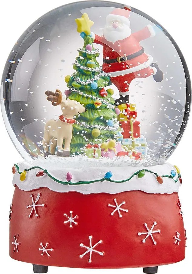 X-MAS zenélő hógömb, Mikulás rénszarvassal és karácsonyfával, Ø10cm