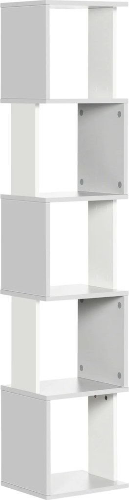 HOMCOM S-Alakú Könyvespolc 5 Nyitott Polccal Nappaliba, Otthoni Irodába és Tanulószobába - Forgásgátló 100 kg Teherbírás - 33x28x161 cm Fehér és Világ
