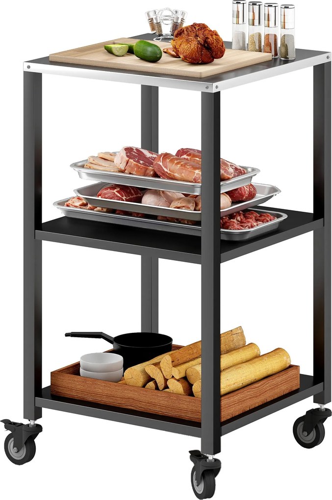 Outsunny 3 polcos grillszervizkocsi rozsdamentes munkalappal, mobil tálalókocsi kültéri grillezéshez, 50 x 50 x 90 cm, fekete | Aosom