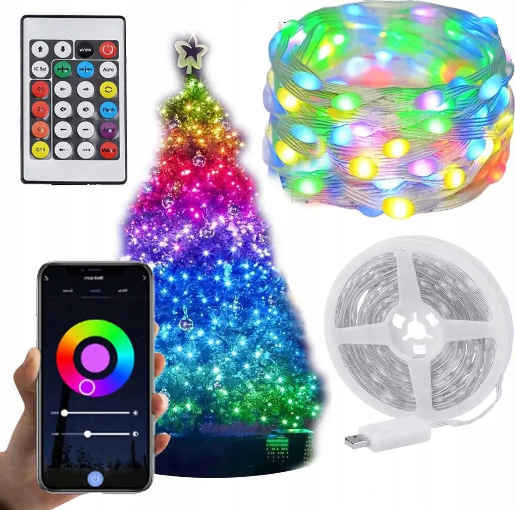 Karácsonyfa fényfüzér 50 Led Rgb Wifi Smart Usb app szalag többszínű 5m