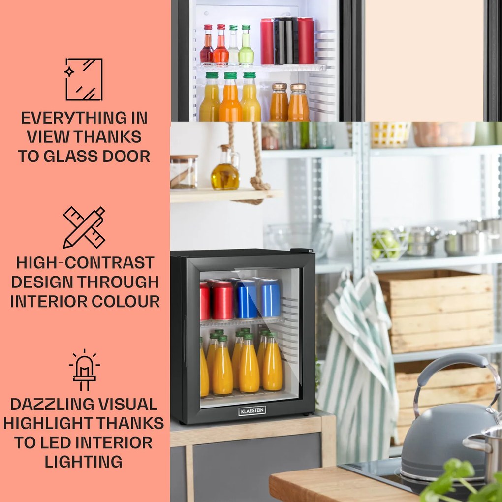 Klarstein MKS-13 minibár, 30 liter, F energiahatékonysági osztály, fekete, üveg