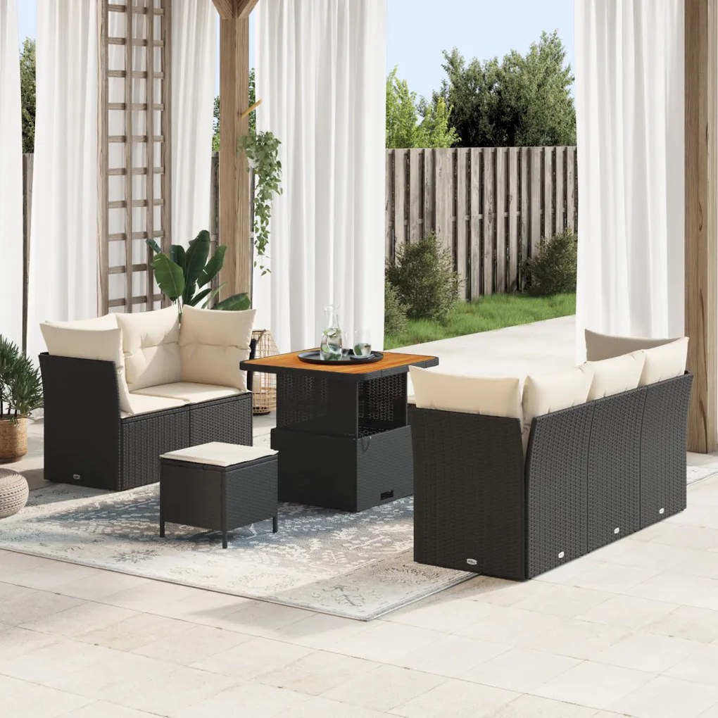 8 részes kerti kanapé szett párnákkal fekete poly rattan akáccal, 3 részes kerti étkező szett párnákkal fekete poly rattan akáccal