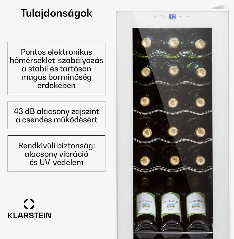 Klarstein Shiraz 18 Slim Uno, borhűtő, 50 l, 18 palack, 5-18°C, érintőképernyős kezelőpanel