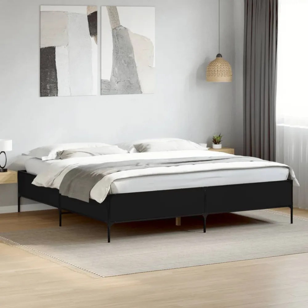 fekete szerelt fa és fém ágykeret 200 x 200 cm