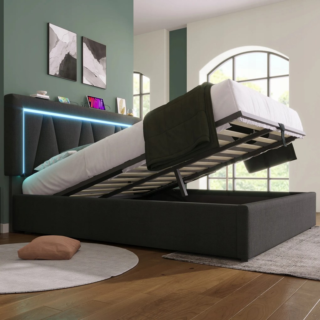 Kárpitozott ágy Dupla Led ágy Usb-c Led 140x200cm Hidraulika szürke