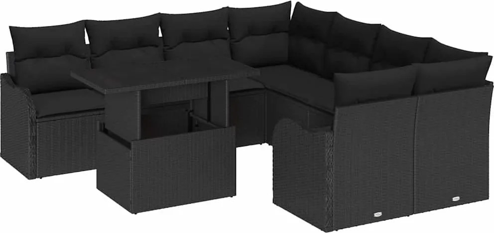 vidaXL Kerti Kanapé Szett párnával párnával 9 pcs Fekete Polyrattan