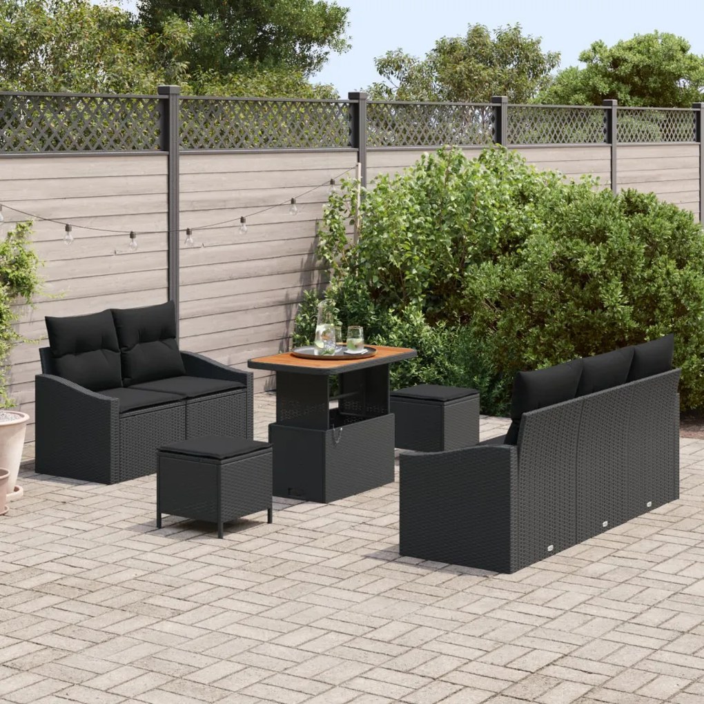 8 Részes Kerti Sofa Szett Párnákkal Fekete Polirattan Akácia, 2-Fős Kerti Sofa Párnákkal Fekete Polirattan, 3 Részes Kerti Étkező Szett Párnákkal Fekete Polirattan Akácia