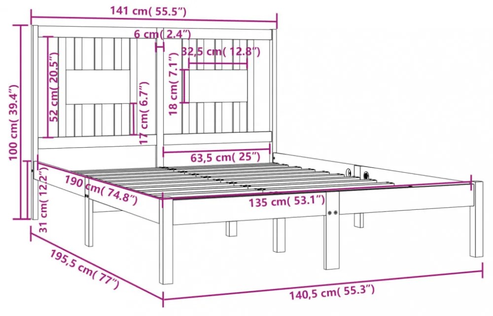 vidaXL Double fehér tömör fa ágykeret 135 x 190 cm