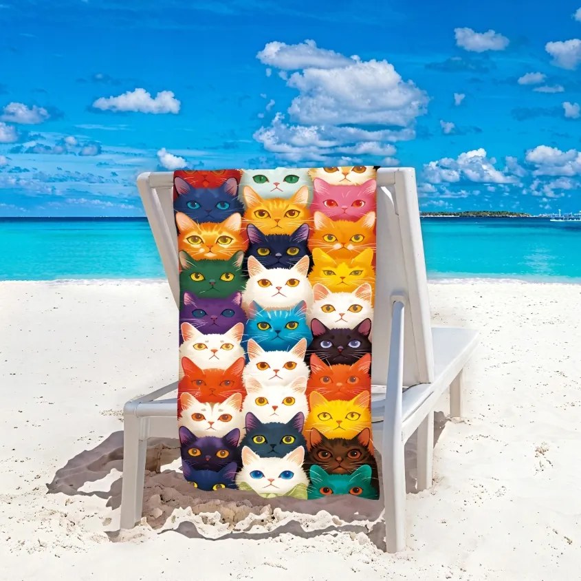 Gyorsan száradó strandtörölköző MEOW 100x180 cm színes, 100% mikroszálas