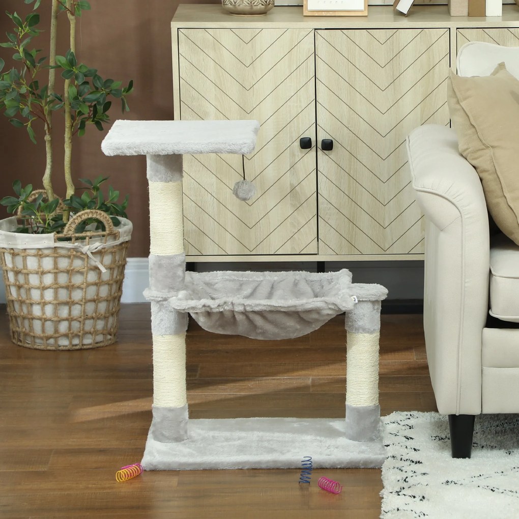 PawHut Macska Fa 3 Kaparóoszloppal, Természetes Sziszal Platformmal, Hintaággyal és Lógó Golyo Játékkal, Méret: 50 cm x 26 cm x 70 cm, Rövid Plüss, Vi