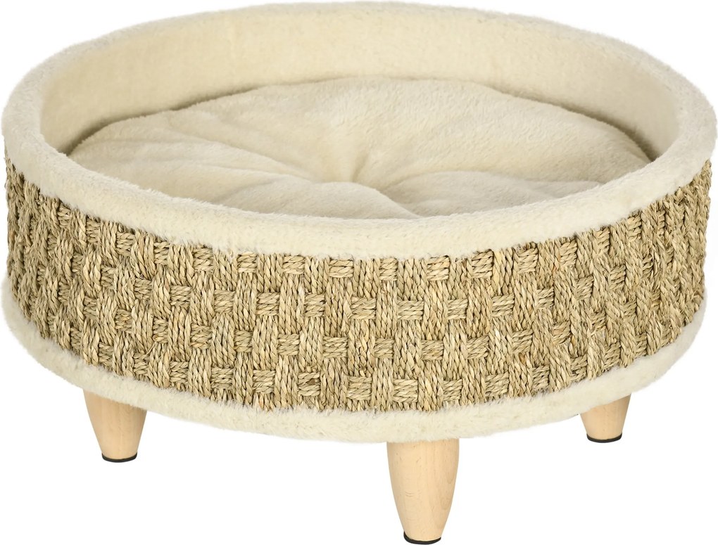 PawHut Emelt Macska Fotel, Luxus Macska Fotel Mosógépben Mosható Párnával, Kiskedvenc Kanapé Tengeri Fű Kötéllel és Fa Lábakkal, Kerek,beltéri, Bézs+K