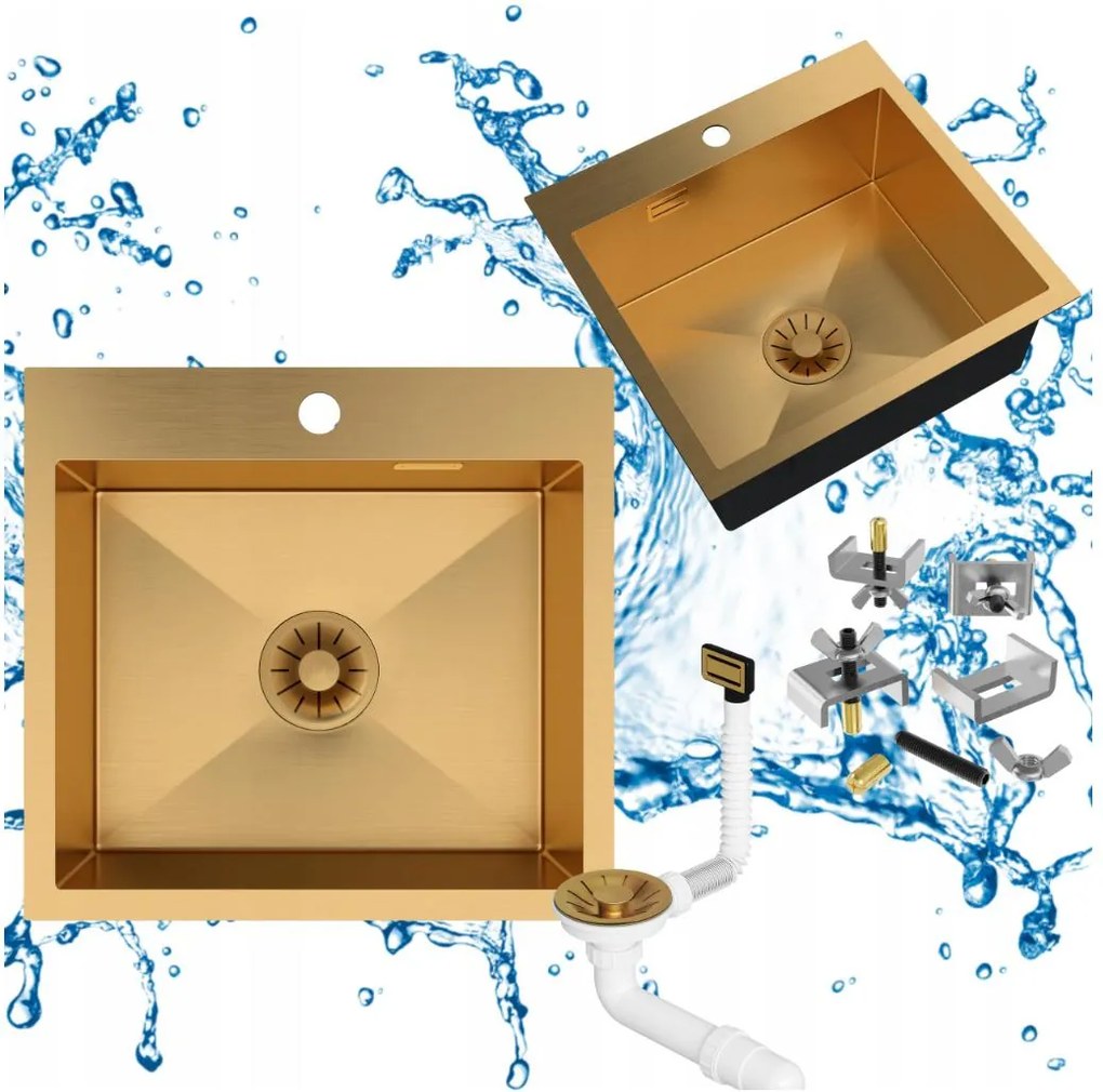 Egymedencés acél mosogató SILVO48 konyhai mosogató arany szifon Lux