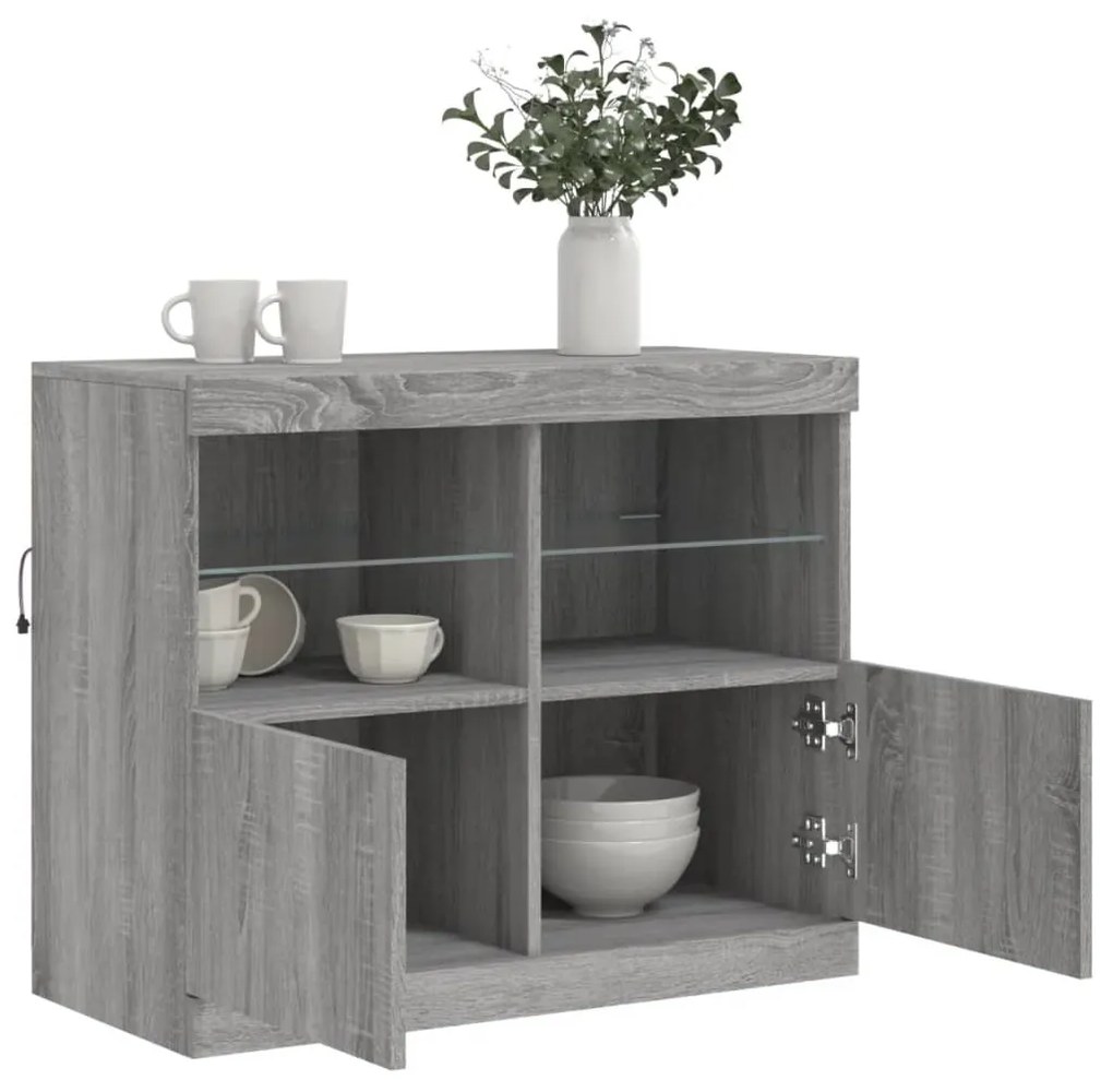 szürke sonoma színű tálalószekrény LED-ekkel 81 x 37 x 67 cm