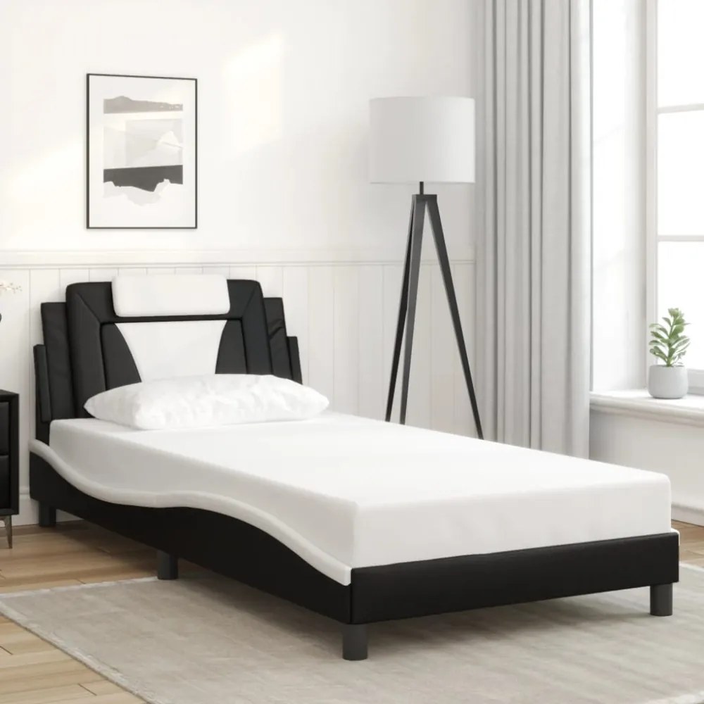 fekete és fehér műbőr ágykeret LED-világítással 100 x 200 cm