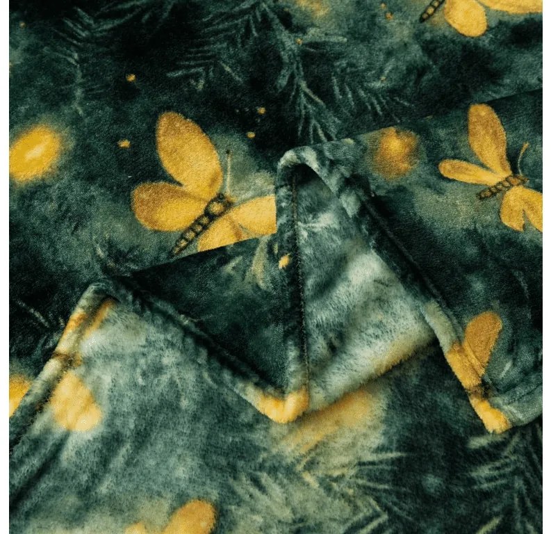 Mikroplüss pléd YELLOW BUTTERFLY, sötétzöld Méret: 160 x 200 cm