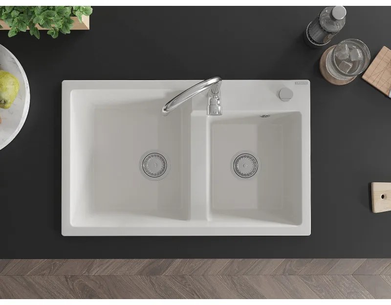 Mexen Tomas, gránit mosogató 800x500x190 mm, 2 kamrás és króm csaptelep Telma, fehér, 6516-20-670200-00