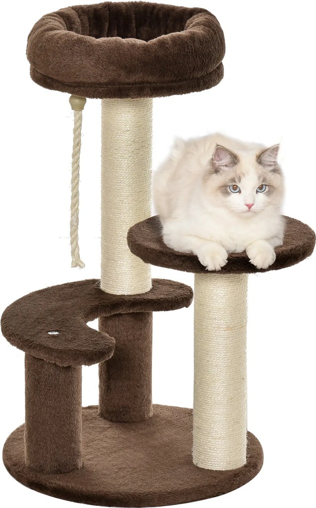 PawHut 3-szintes Macska Kaparóoszlop Platformokkal, Ággyal, és Szizálos Posta, Macska Torny, Párnázott Borítással, Ø40x65 cm, Barna | Aosom