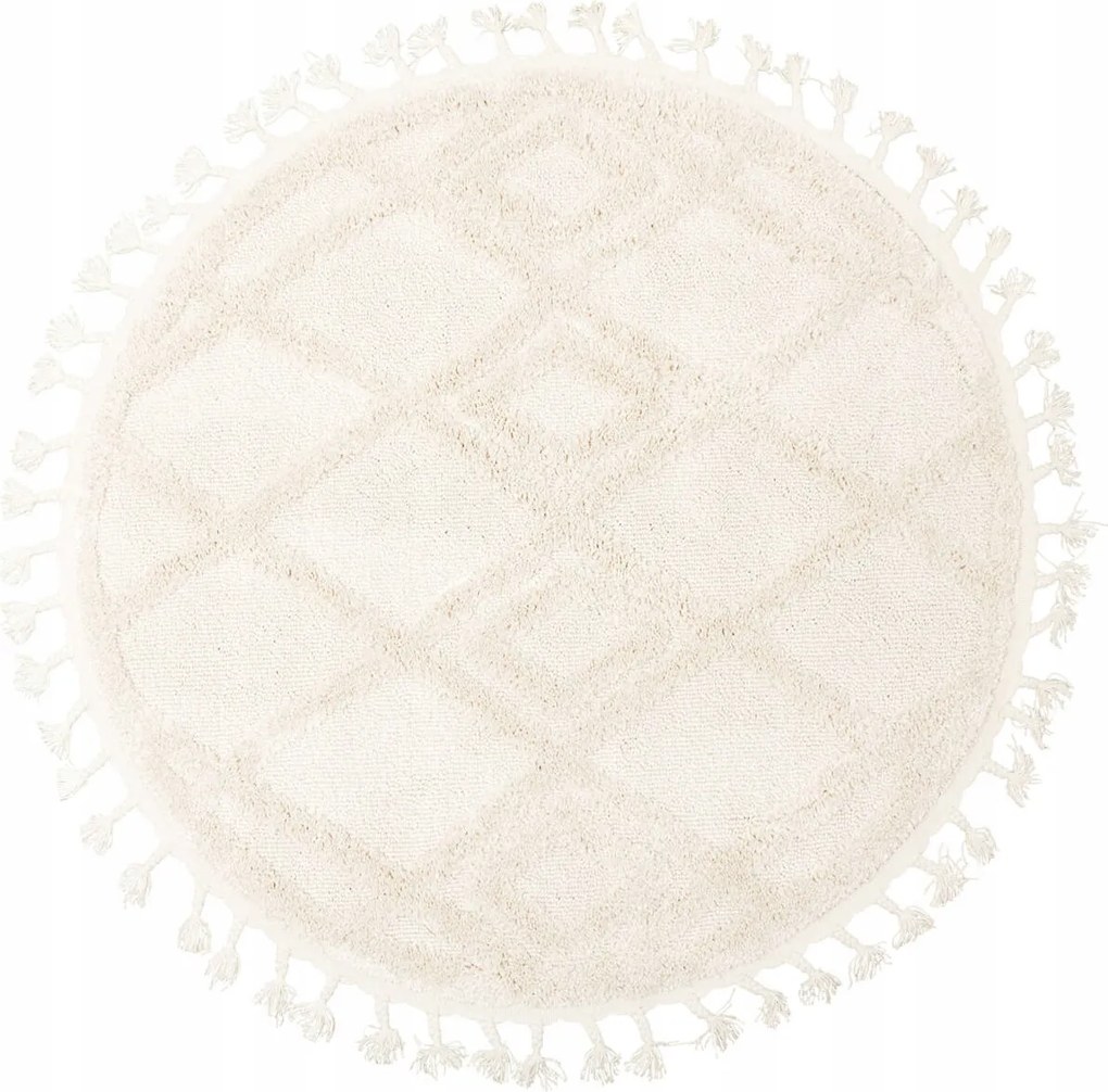 Kétszintes Kerek Szőnyeg Rojtokkal Rombusz Krém Boho Berber átm. 160 cm