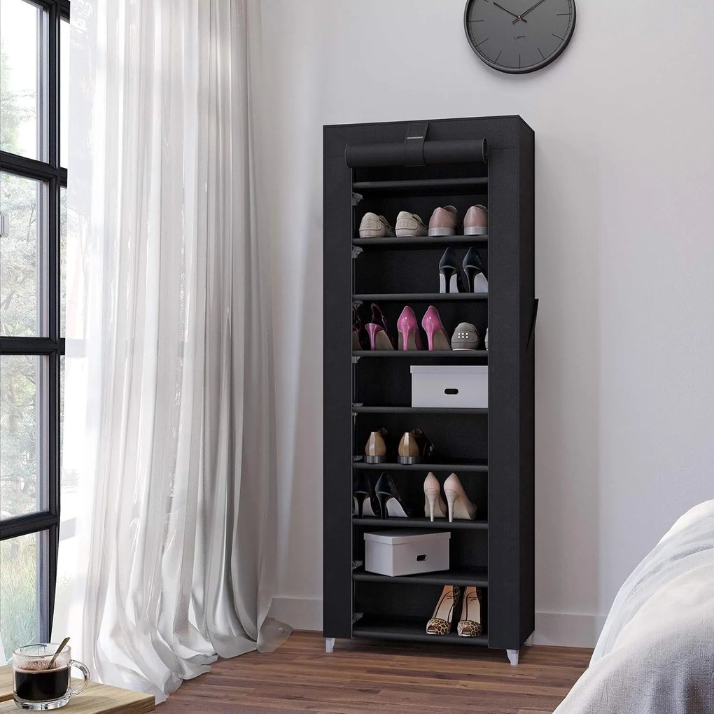 Cipőtartó, 9 szintes cipőszervező fedéllel, 27-35 pár cipőhöz, fekete