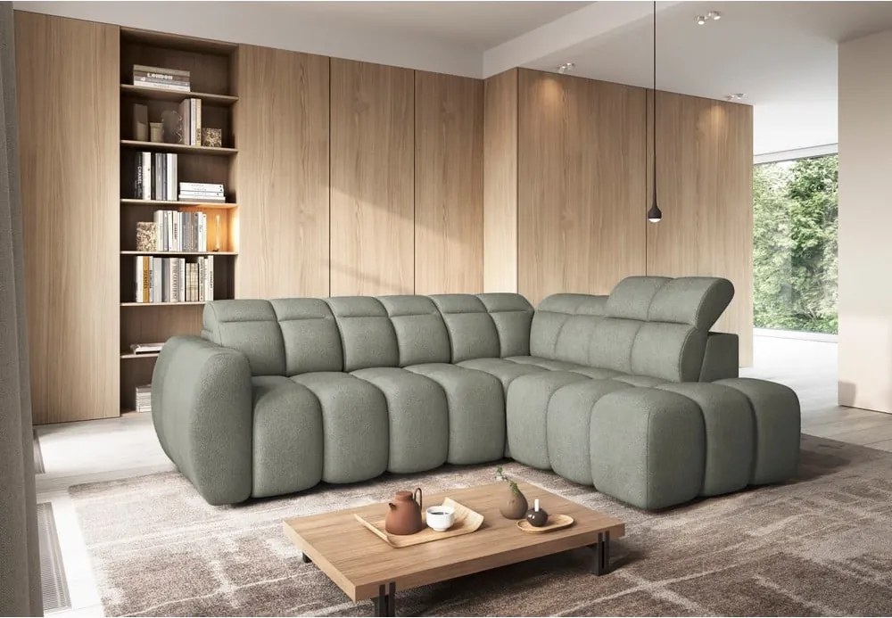 Szürkészöld buklé kinyitható-tárolóhelyes sarokkanapé (jobb oldali-L alakú) Falconn – ELTAP