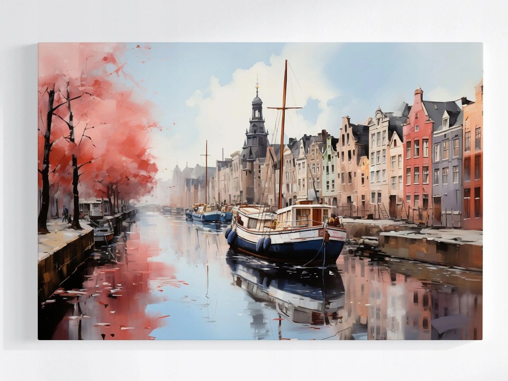 Poszter Város Hollandia Bérházak Csatorna Hajók Kilátás 60x40