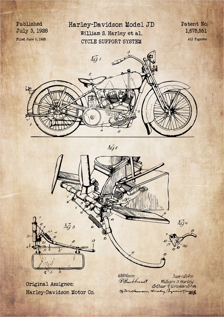 Poszter Harley-Davidson Modell Jd Motor Retro Patent Séma