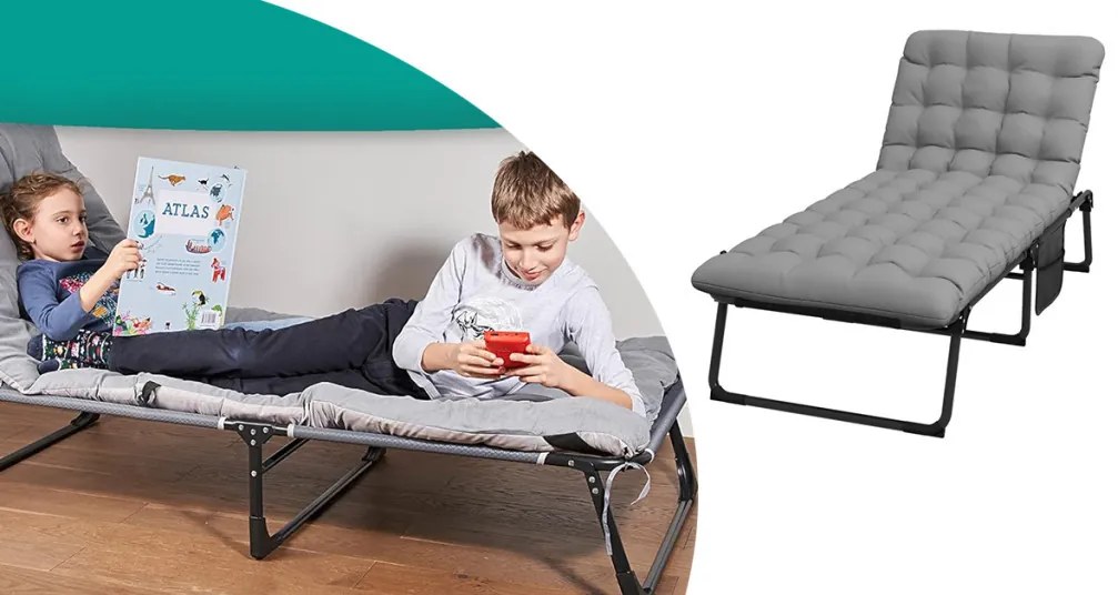 Összecsukható kempingágy állítható fejtámlával, 2 színű matraccal