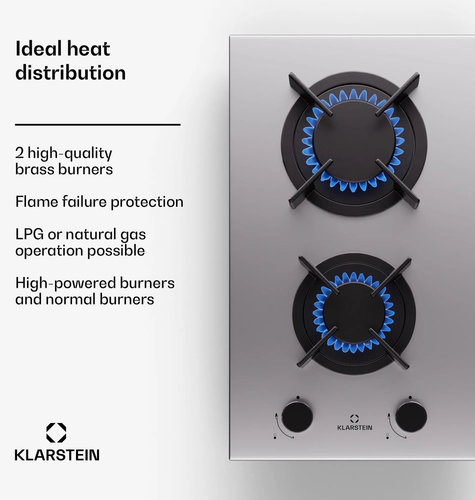 Klarstein Goldflame, gáztűzhely, 2 sárgaréz égő, rozsdamentes acél