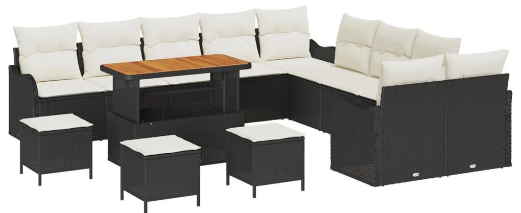 13 darabos kerti kanapé szett párnákkal fekete poly rattan akáciából, 2 fős kerti kanapé párnákkal fekete poly rattanból, 3 darabos kerti étkező szett párnákkal fekete poly rattan akáciából