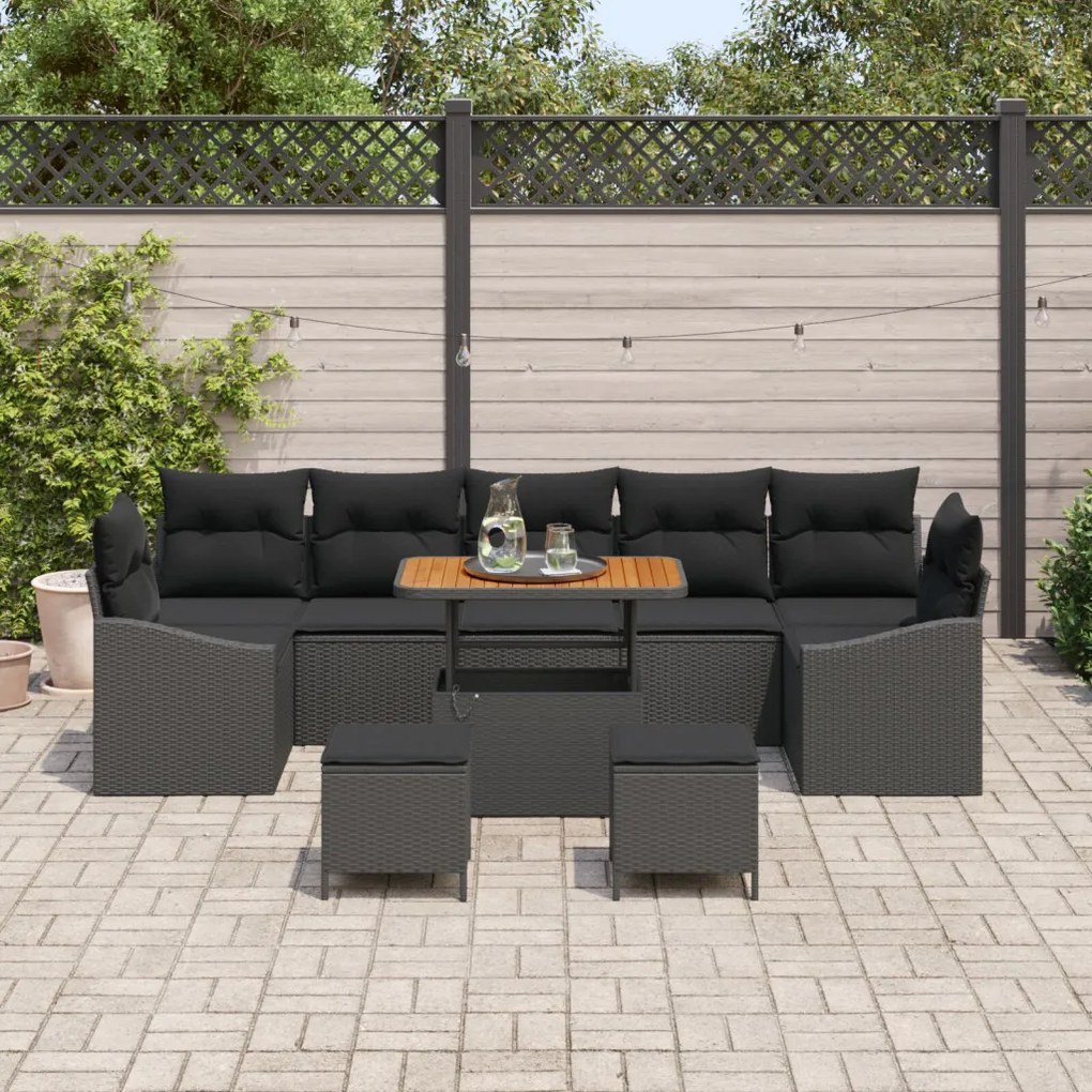10 Darabos Kert Sofa Szett Párnákkal Fekete Poli Rattan Akácia, 2-Fős Kert Sofas Párnákkal Fekete Poli Rattan, 3 Darabos Kert Étkező Szett Párnákkal Fekete Poli Rattan Akácia