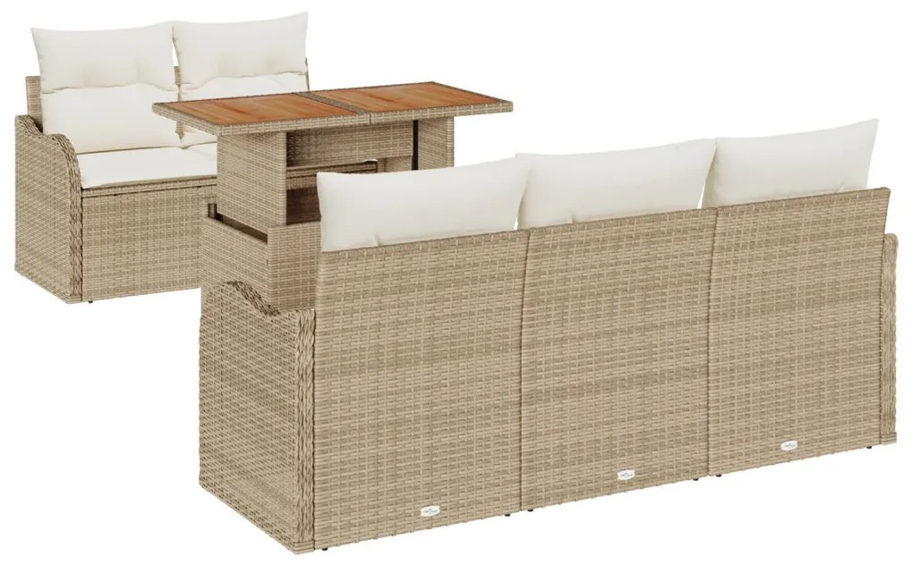 6 darabos kerti sofa készlet párnákkal bézs poli rattan akácfával, 2-személyes kerti sofa párnákkal bézs poli rattan