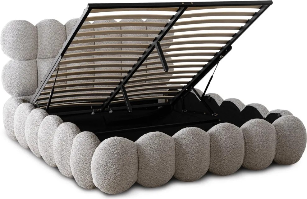 ANKARA ágy 140x200 cm, szürke boucle, ágyneműtartóval