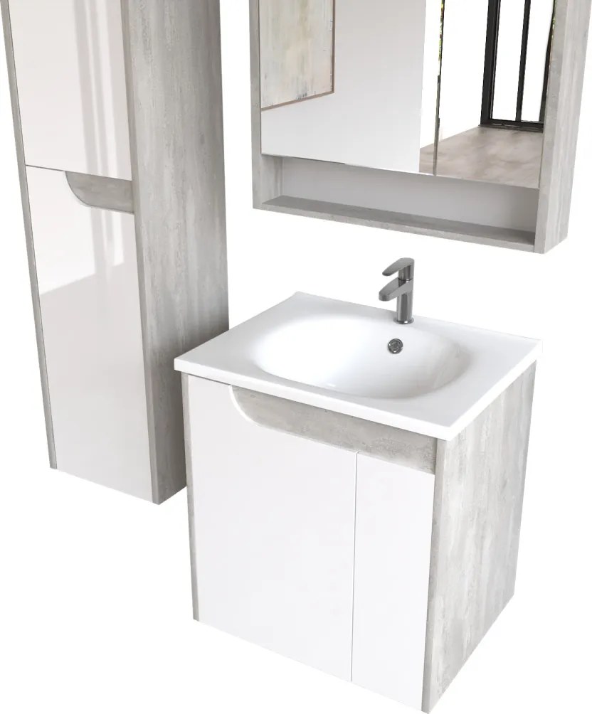 Piramida EURIDIKA fali fürdőszobabútor - műmárvány mosdóval -2 ajtós - FEHÉR-SZÜRKE - 65 x 48 x 62 cm