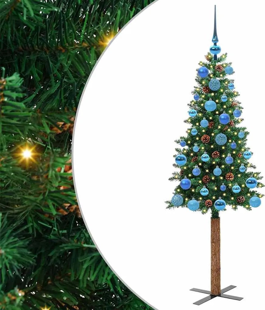 vidaXL Karcsú karácsonyfa 150 LED-del Zöld 150 cm PVC és tömör fenyőfa